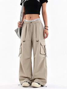mulinsen Cargo Pants, Elastic Drawstring Waist, Multi-Pocket Wide Leg Tapered Hem Convertible Long Pants - Khaki - View 6