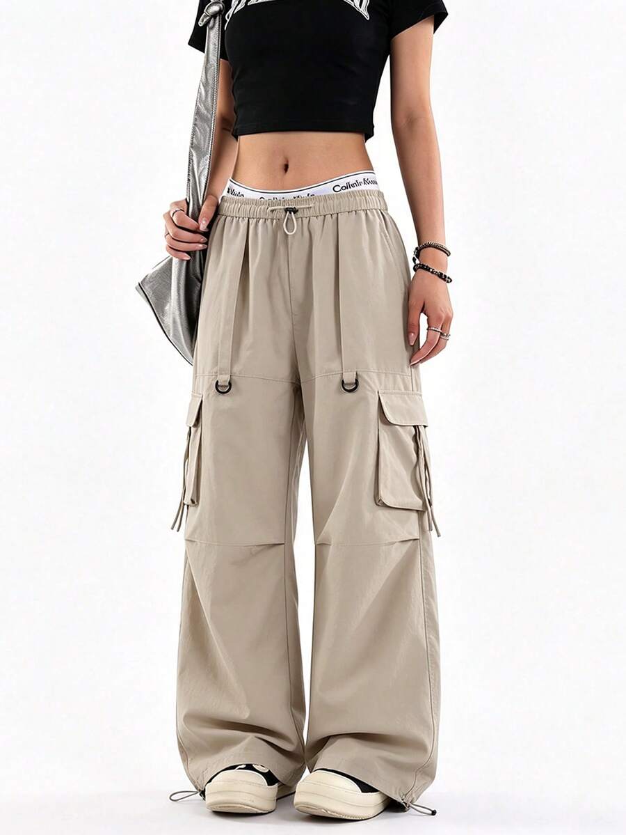 mulinsen Cargo Pants, Elastic Drawstring Waist, Multi-Pocket Wide Leg Tapered Hem Convertible Long Pants - Khaki - View 1