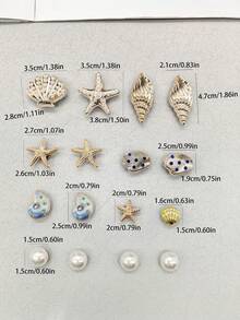 16pcs Gold Ocean Starfish Shell Resin Shoe Charms Shiny Rhinestone Scallop Shell Clogs Buckle DIY Decoration Faux Pearl Shoe Clips Accessories - Multicolor 16PCS Style No.267 - View 12