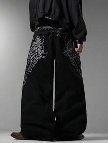 Men's Black Jeans, Unique Back Pocket Embroidery, Minimalist Fashion Loose Wide Leg Pants, Versatile All Season Wear (Belt & Accessories Not Included) - Black - View 5