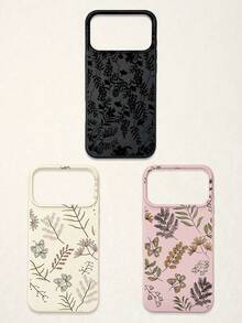 3pcs Minimalist Floral & Butterfly Design Phone Cases, Black, Beige, Pink, Luxury Faux Leather Compatible With IPhone & Galaxy - Multicolor - View 64