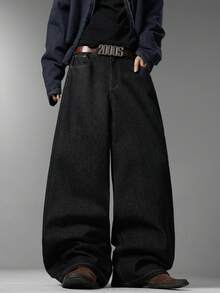 Men's Korean Wide Leg Jeans, Simple Style With Flap Back Pockets, Fashion Versatile Comfort Casual All-Season Pants (No Belt & Accessories) - Black - View 5