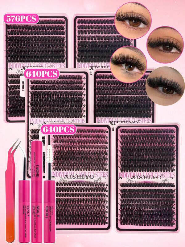640/576 Cluster Eyelash Extension Kit, Single False Eyelashes, Eyelash Book, Cluster False Eyelashes, DIY Home Eyelash Extension, Cluster False Eyelashes, Single False Eyelashes, D Curl Vacation Eyelashes, Mixed Density (30D-160D), Length 8-16mm, Large Capacity, Suitable For Beginners; Create Natural, Thick, Fluffy DIY Eyelash Effect; Comes With Glue, Tweezers, Enhance Eye Makeup Texture, Suitable For Daily Wear.
