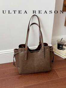1pc Solid Color PU Leather New Women's Bag, Shoulder Bag, Tote Bag, Autumn/Winter New Style, Zipper Closure, Fashionable Square Handbag, Suitable For Commuting, Shopping, Dating - Coffee - View 6