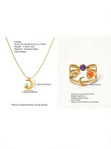 VceTd 3PCS Minimalist Fashion Style Stainless Steel Pendant Necklace With Moon Charm And Colorful Enamel Open Ring Jewelry Set For Women, Suitable For Evening Wear - Yellow Gold - View 10