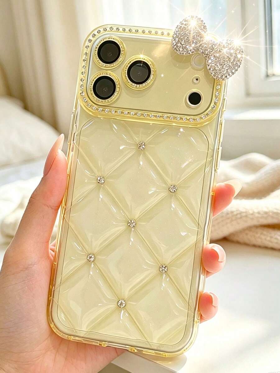 可愛蝴蝶結透明鑽石紋手機殼,相容 iPhone 17 Pro Max 16 17e 13 14 15 16e 17e - 黃色 - 查看 1