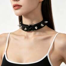 1pc Black Rivet PU Leather Choker, Adjustable Size, Music Festival Street Style Outfit, Carnival Sexy Personalized Necklace, Halloween - Multicolor - View 5