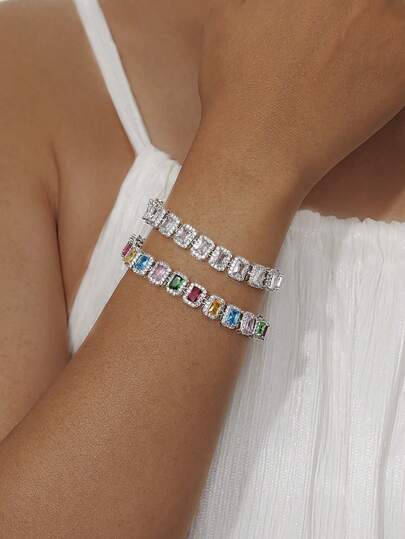 1pc European & American Hip-Hop Style Colorful Square Zirconia Bezel-Set Tennis Bracelet, Dense Inlaid, Women's Evening Party Wedding Gift Accessory