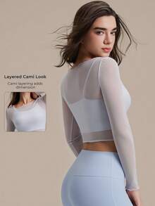 Women's Pilates 2 Pieces Set, Refreshing Sexy Mesh Floral Trim Fitness Long Sleeve Top - Baby Blue - View 1