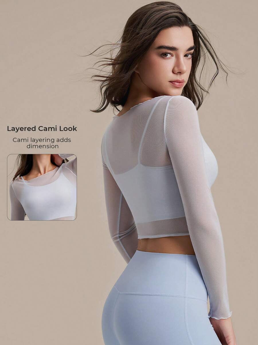 Women's Pilates 2 Pieces Set, Refreshing Sexy Mesh Floral Trim Fitness Long Sleeve Top - Baby Blue - View 1
