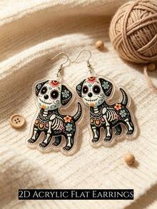 2D Flat Cute Skeleton Puppy Pendant Earrings, Gothic Floral Dog, Halloween Accessory, Mexican Day Of The Dead Earrings - Skeleton Puppy - View 3
