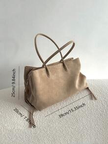 Autumn/Winter New Niche Design Faux Suede Multi-Compartment Shoulder Tote Bag, Minimalist High-Quality Large Capacity Commuter Handbag For Women - Khaki - View 6