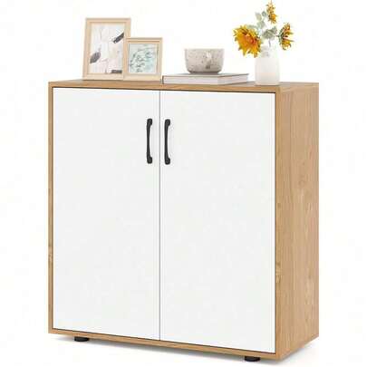 2-Door Buffet Cabinet, Credenza Storage Cabinet With 5-Postition Adjustable Shelf, Versatile Sideboard With Anti-Tipping Kit For Kitchen, Entryway Living, Room, White And Natural