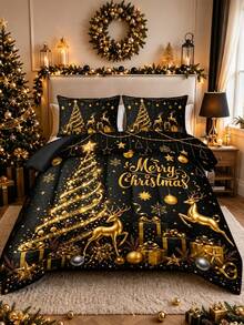 3pcs Christmas Theme Black Background Gold Christmas Tree & Deer Pattern Bedding Set - Soft, Comfortable & Breathable, 200g Quilted Filling, Includes 1 Quilt And 2 Pillowcases (Pillow Inserts Not Included) - Perfect Choice For Home Or Dorm Christmas Decoration - Multicolor - View 8