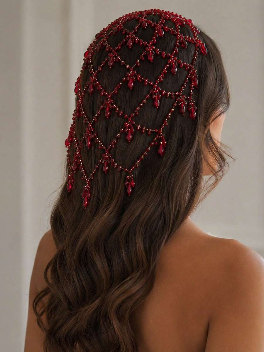 1pc New INS Style Water Drop Hair Chain Niche Design Mesh Headpiece Vintage Red Beads Hair Accessory - Silver - View 1
