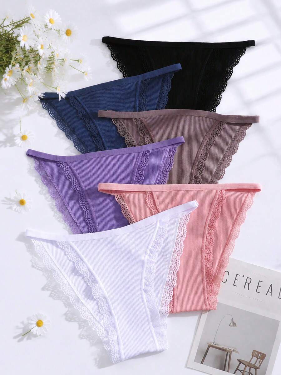 6pcs Lace Trim Ribbed Knit Triangle Panties Solid Color Women's Underwear - Multicolor - View 1