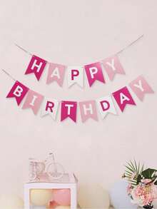 1 Set Pink Happy Birthday Paper Bunting, Modern Metallic Letter Graphic Decorative Pull Flag, Suitable For Birthday Party Event Decoration - A - View 6