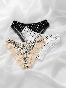 Mystèrelle 3pcs Women's Lace Trim Comfortable Ribbed Fabric Sweet Print Daily Versatile Triangle Panties - Multicolor - View 4