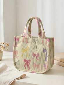 1pc Colored Bow Print Corduroy Tote Bag, Snap Button Closure Cute ...
