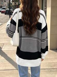 Women's Striped Oversized Cardigan Long Sleeve Thigh Length Sweater With Cardigan Collar For Fall & Winter - Multicolor - View 6