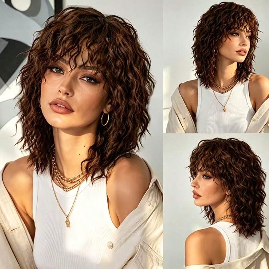 Natural Messy Medium-Long Curly Wavy Wig In Black And Brown, Heat-Resistant Synthetic Fiber, Suitable For Daily Wear, Parties And Halloween, With Bangs