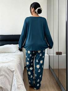 Setelan Piyama Wanita Ukuran Besar Motif Bunga & Kupu-kupu Lengan Panjang dan Celana Panjang, 2 Potong, Pakaian Santai Musim Gugur/Dingin - Biru - View 2