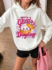 Tween Girls Glitter Dumpling Letter Print Hoodie, Cute Cartoon Graphic Soft Fleece Hooded Sweatshirt - White - View 1