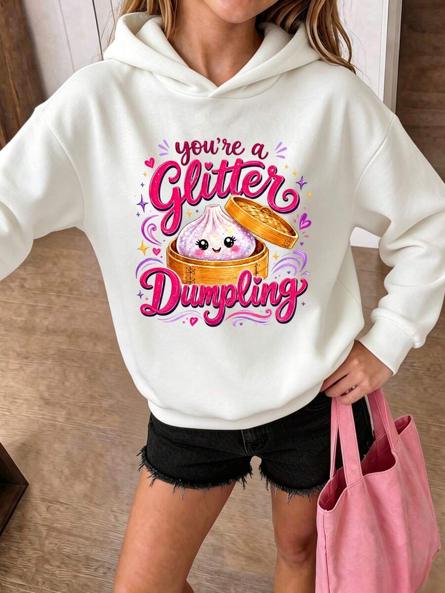 Tween Girls Glitter Dumpling Letter Print Hoodie, Cute Cartoon Graphic Soft Fleece Hooded Sweatshirt - White - View 1