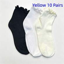 5/10/15 Pairs Of Spring/Summer Solid Color Lettuce Trim Lace Women's Mid-Calf Socks - White - View 7