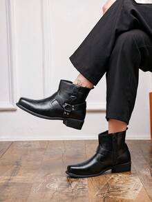 Men's High Heel Square Toe Chelsea Boots, Height Increasing British Style Side Zipper Cross Strap Ankle Boots, Business Casual Fashion Boots - Black - View 7