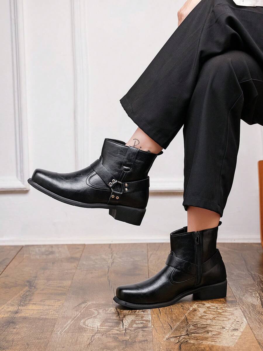 Men's High Heel Square Toe Chelsea Boots, Height Increasing British Style Side Zipper Cross Strap Ankle Boots, Business Casual Fashion Boots