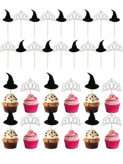 24/12/2pcs Magic Witch Theme Cupcake Toppers, Black Glitter Witch Hat Cake Picks, Silver Crown Cake Decor, Suitable For Witch Wizard Theme, Halloween Party Supplies, Baby Shower, Birthday Party