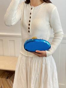 Women's Evening Clutch, Solid Color Hard Shell, Dual-Tone Metal Clasp, Detachable Chain Strap, Fashionable Portable Hard Shell Wallet, Suitable For Wedding, Party, Ball - Blue - View 3