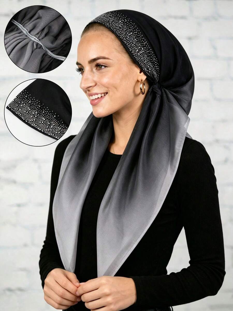 1PC Women's Rhinestone Instant Hijab, New Gradient Hijab Scarf, Fashion Slouchy Hijab Hat, Easy To Wear Casual Versatile For Daily Use - Black Gray-starry Diamond - View 1