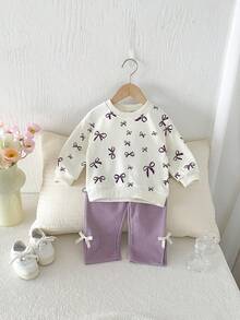 Miniweenns 2pcs/Set Baby Girl Spring/Autumn Outdoor Casual Bowknot Print Long Sleeve Loose Sweatshirt Set Back To School - Multicolor - View 3