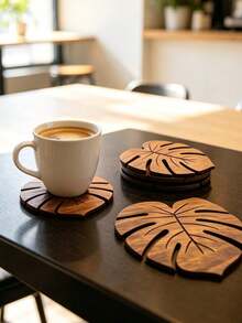 Monstera Leaf Shaped Natural Wooden Coaster, Flat Hollow Heat-Resistant Non-Slip Coaster, Autumn Home Desktop Decoration, Holiday Housewarming Christmas Gift, For Desktop Protection - Multicolor - View 3