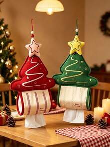 1PC Red Green Christmas Tree Pattern Hanging Tissue Holder, Festive Cute Corduroy Fabric Tree‑Shaped Tissue Dispenser, Star Embroidery With Hanging Loop, Space‑Saving Wall‑Mount Tissue Pouch For Xmas Home Living Room Christmas Party Decor Use - Multicolor - View 3