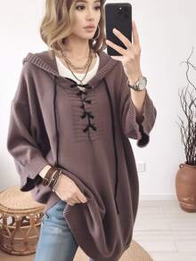 Women's Plus Size Casual Minimalist Knit Hoodie Pullover Sweater, 3/4 Drop Shoulder Sleeves With Drawstring, Autumn Daily Commute Wear Fall - Coffee Brown - View 4