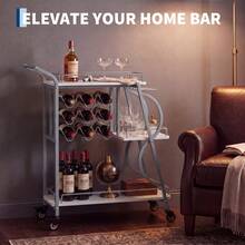 WARMTOBABY Rolling Bar Cart With Wine Rack And Glass Holder 3 Tier Industrial Beverage Cart With Wheels For Living Room Kitchen - Silver Frame + Pure White Wooden Board - View 1