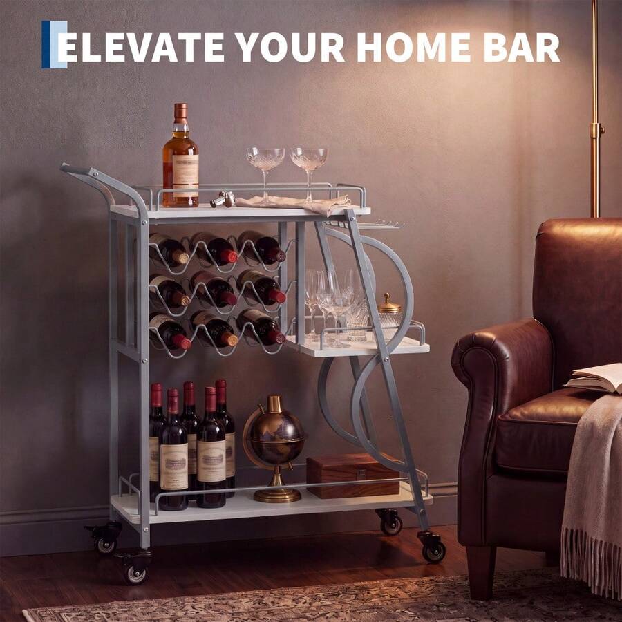 WARMTOBABY Rolling Bar Cart With Wine Rack And Glass Holder 3 Tier Industrial Beverage Cart With Wheels For Living Room Kitchen - Silver Frame + Pure White Wooden Board - View 1