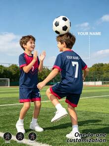 [Customized]Personalized Name Customization Celebrity Style No. 7 Number 2pcs Boys Girls Casual Soccer Uniform Set # -Round Neck-Short Sleeve And Shorts Set- Polyester, Back To School Season Suitable For -Sports -Training And Casual Wear, Outdoor Perfect Choice - Navy Blue - View 6