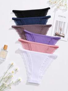 6pcs Lace Trim Ribbed Knit Triangle Panties Solid Color Women's Underwear - Multicolor - View 3
