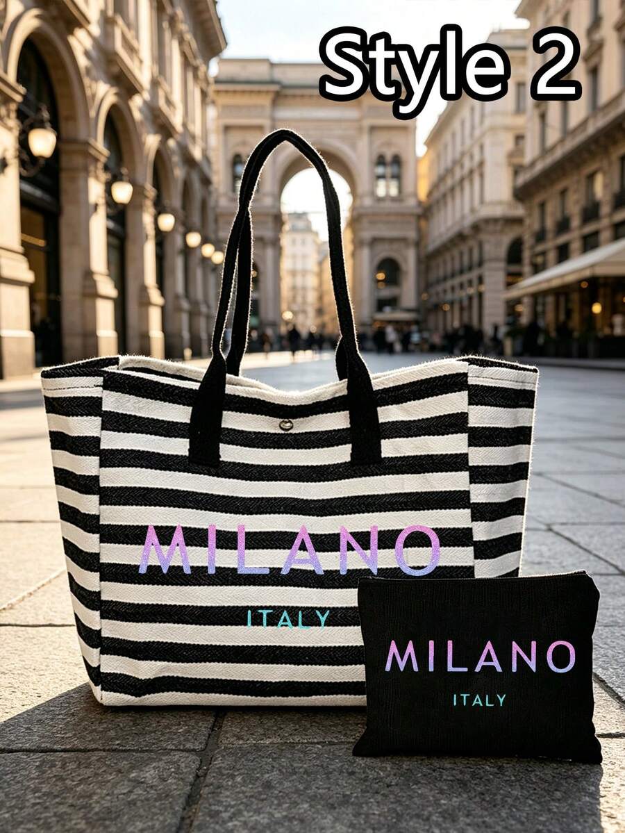 「Milan, Italy」漸層字母印花條紋托特包套組,附配套拉鍊化妝收納包,時尚都市街頭風單肩包,復古條紋手提包,大容量日常通勤學習旅行肩背包,便攜可重複使用購物袋,個性化禮品包,適合旅行、海灘度假、辦公工作與日常通勤,送給女性、家人、老師、朋友、閨蜜與學生的完美禮物,開學季、情人節、教師節、萬聖節、復活節、聖誕節禮物 - 彩色 - 查看 1