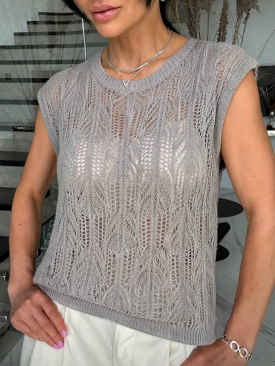 Plus Size Solid Grey Textured Openwork Knit Vest, Crew Neck Sleeveless Casual Knit Top, Minimalist Elegant For Back To School Commute Daily Wear Summer - Grey - View 1