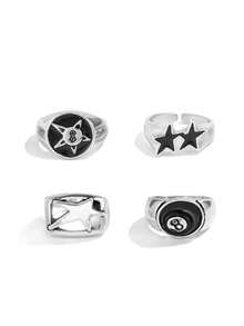 Xiacheng 4/9Pcs Chunky Thick Billiards Black Eight Layered Finger Rings Set Gothic Punk Y2K Stackable Knuckle Band Rings Silver Stars Jewelry For Women Men - Multicolor - View 8