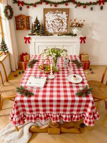 1pc Vintage Red & White Plaid Ruffle Edge Christmas Tablecloth, Cabinet/Coffee Table/TV Dust Cover, Suitable For Holiday Celebrations, Home Dining, Themed Parties, Photography Backdrop, Daily Decoration - Red - View 5