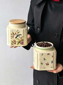 1pc French Vintage Floral Ceramic Storage Jar, Multi-Purpose Square Shape With Round Lid, Round Ceramic Airtight Canister, Coffee Bean Container, Suitable For Kitchen Spices, Coffee, Grains, Candy, Cookies, Home Kitchen Table Decor - Multicolor - View 3