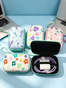 6pcs Fresh Floral Pattern Data Cable Protection Storage Bag Set, Charger Data Cable Protective Sleeve Tangle-Free Cord Transparent Printed Hard Shell Anti-Pressure Portable Earphone Data Cable Storage Bag, Girly Pastoral Floral Highly Attractive Digital Accessories Organizer Storage Full Set - Multicolor - View 5