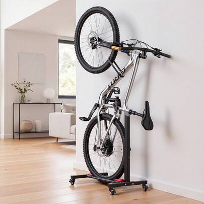 Bike Stand, Freestanding Vertical & Horizontal Bike Storage Rack, With Lockable Casters, Height Adjustable Carbon Steel Upright Garage Bicycle Floor Stand, For 20-29 In Wheel Diameters, Black