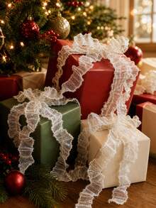 1pc White Ruffled Mesh Ribbon Garland Christmas Tree Swag Trim Xmas Mantel Fireplace Stair Handrail Window Party Backdrop Festive Hanging Streamer Holiday Home Layout Decor Winter Scene Ornament Decorative Accessory - Multicolor 4 - View 11